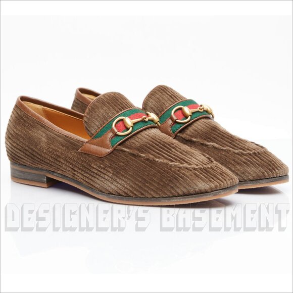 Gucci Mens 13M brown velvet Corduroy Gold Horsebit WEB detail Loafers Shoes NIB - Picture 1 of 12